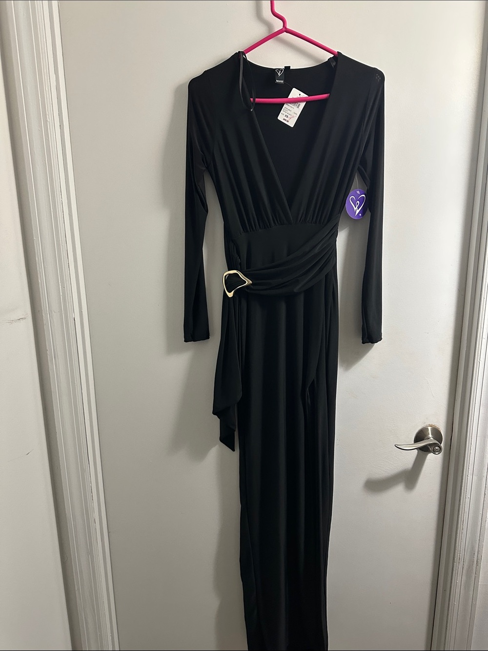 Windsor Black Long Sleeve Wrap Maxi Dress with Gold-Tone Buckle